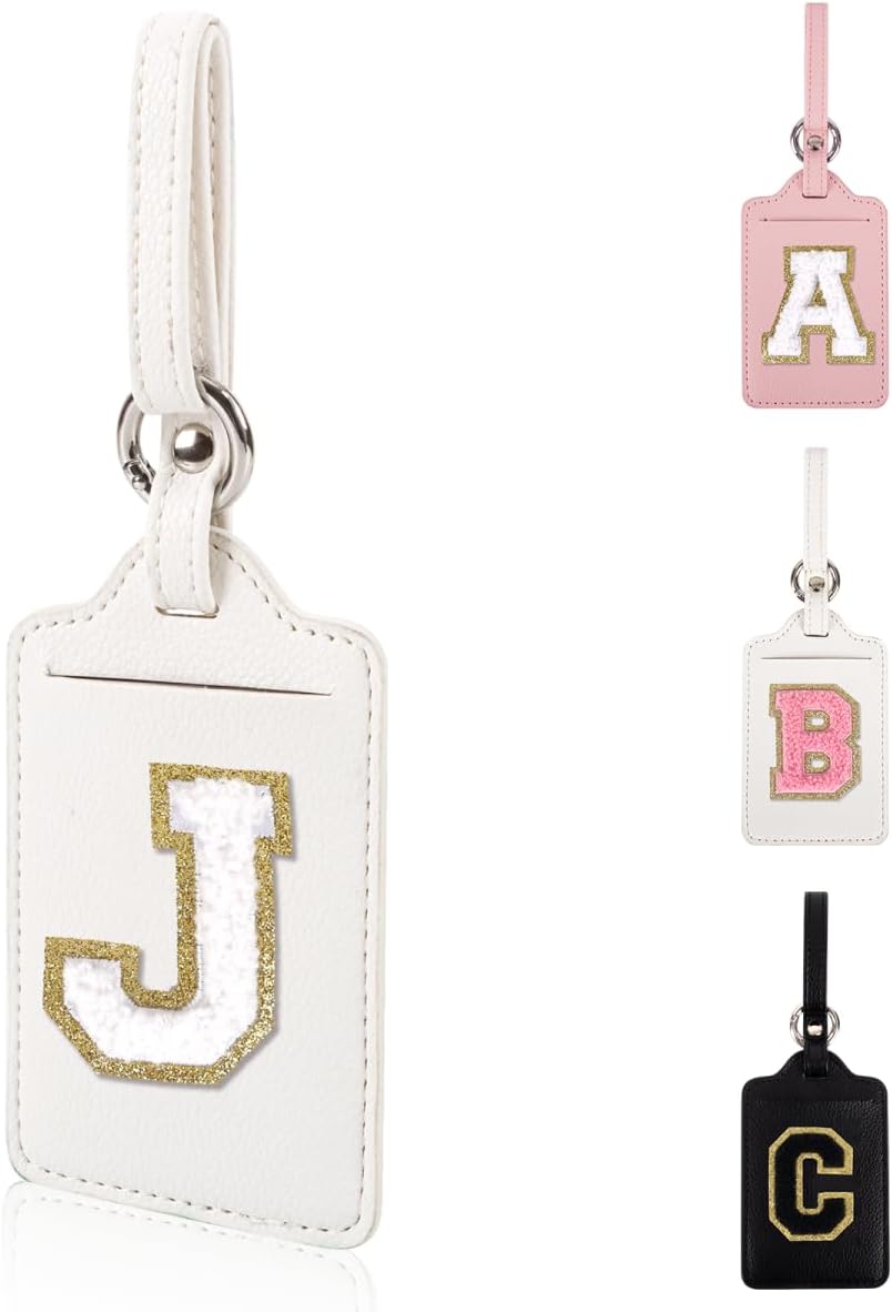 Personalized Initial Luggage Tags for Suitcases, Leather Chenille Letter Cute Luggage Tags with Privacy Name Card, Embroidered Travel Bag Backpack Tags Gifts for Women Kids Girls Teens(White-J)