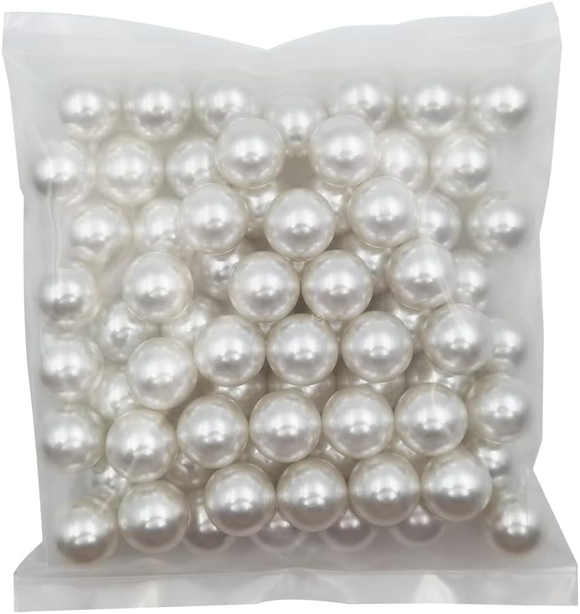 INSPIRELLE 20mm (0.79 Inch) White Lustrous ABS Undrilled Art Faux Pearls for Big Containers, 70pcs Big Size No Hole Makeup Beads Imitation Round Pearl Beads for Table Scatter Home Wedding Decoration