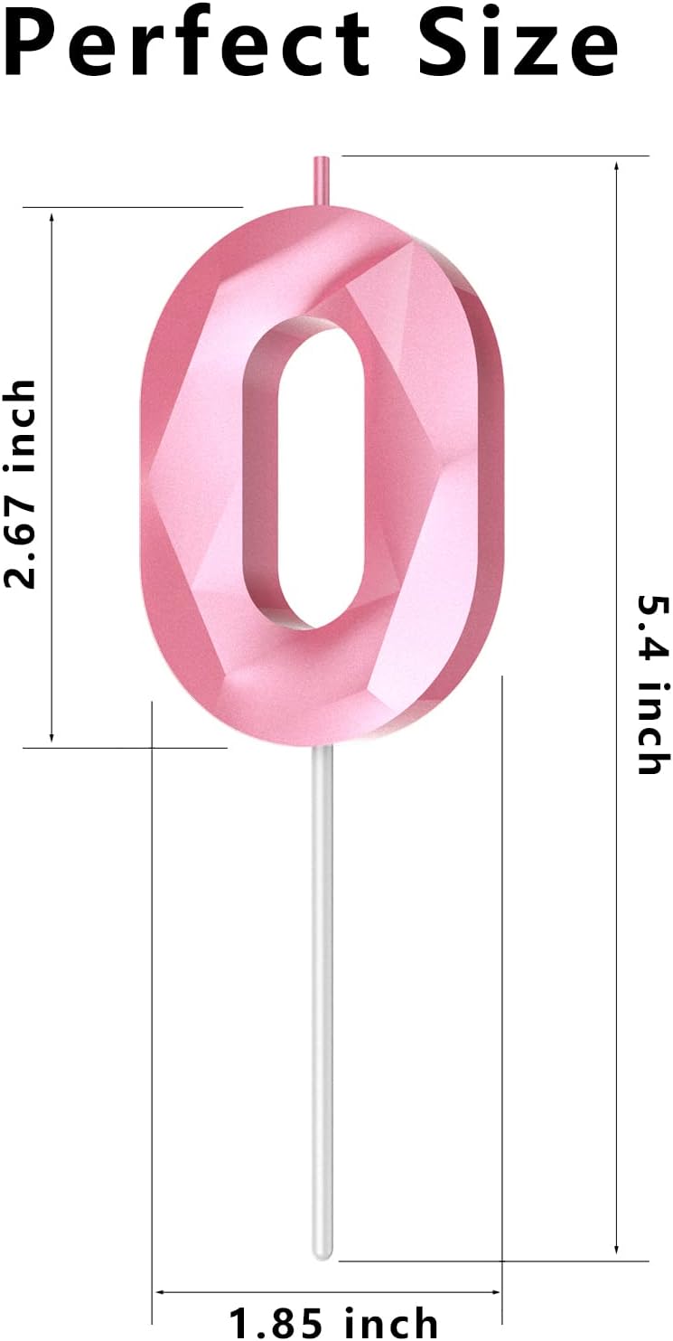 Number Birthday Candles(0 Candle Pink) 3D Diamond Shape 0th Happy Birthday Cake Topper Decorations for Girl Women Birthday Wedding Anniversary Celebration Theme Party Supplies