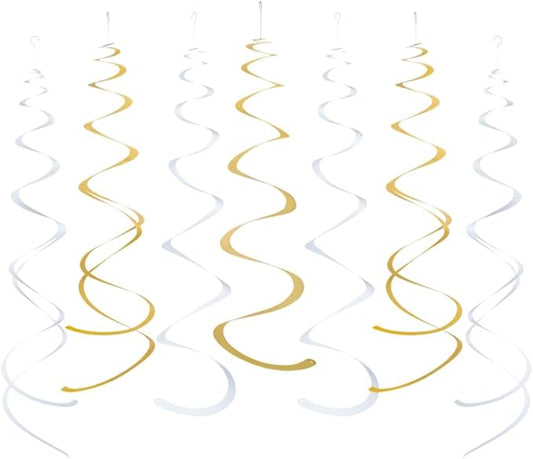 MOWO Gold and White Foil Swirl Hanging Decoration Streamer for Birthday Graduation New Year Wedding Party Supplies, Pack of 20