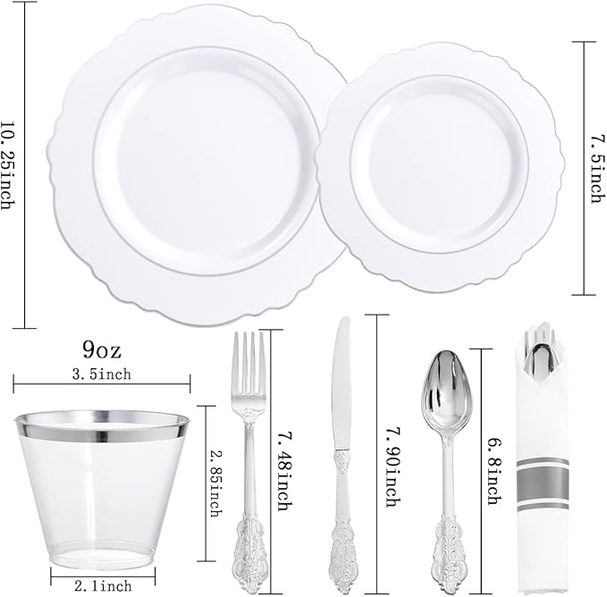 Liacere 175pcs Silver Plastic Plates - White and Silver Disposable - 25guest Baroque Plastic Dinnerware include 50Plates, 25Pack Pre Rolled Napkins with Silverware 25Cups for Wedding&Party&Easter Day