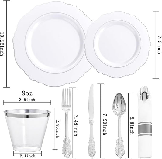 Liacere 175pcs Silver Plastic Plates - White and Silver Disposable - 25guest Baroque Plastic Dinnerware include 50Plates, 25Pack Pre Rolled Napkins with Silverware 25Cups for Wedding&Party&Easter Day