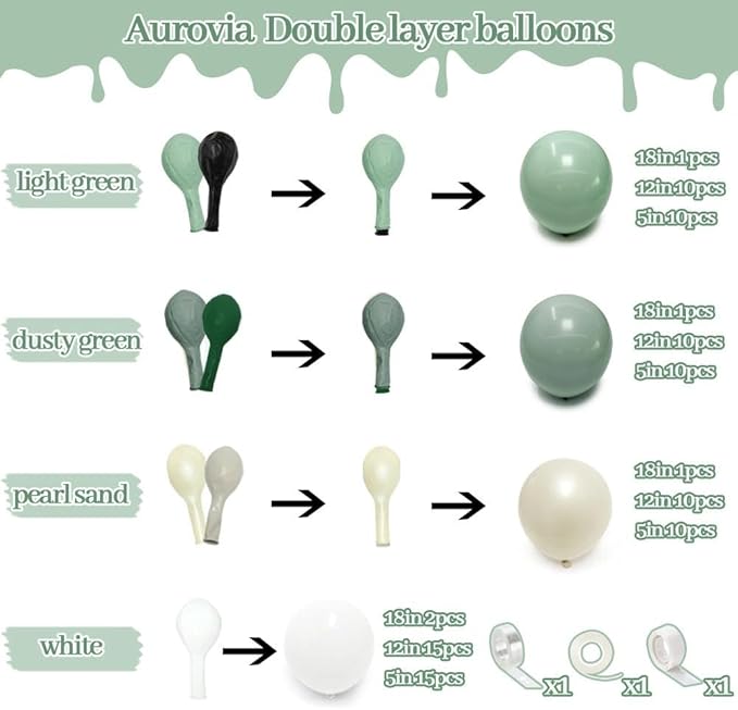 Sage Green White Balloon Garland, Double Stuffed Dusty Green Sand White Pearl Balloons Pastel Balloon Arch Kit for Baby Shower Birthday Bridal Wedding Gender Reveal Easter Party Decorations