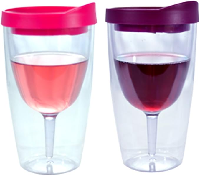 Southern Homewares Red & Pink Lids Wine Tumbler Set – 16oz Insulated Double Wall Acrylic See-Through Cups, 2-Pack Wine 2Go Set