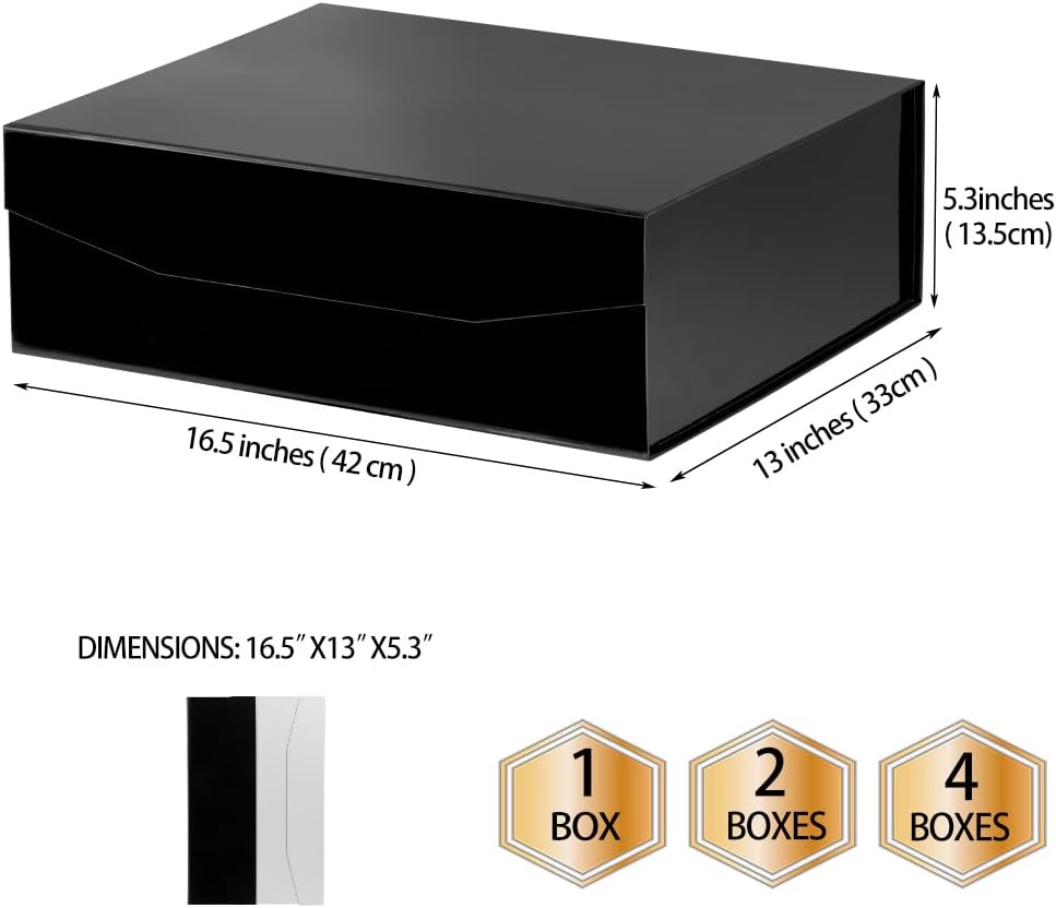 1 Pcs Black Extra Large Gift Box with Lid, 16.5 x 13 x 5.3 Inches, Hard Magnetic Giant Gift Boxes for Presents Clothes Robe Wedding Dress Sweater,Reusable Foldable Bridesmaid Proposal Box