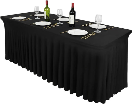 Black Table Skirts for Rectangle Tables 6ft - Spandex Table Cover for 6 Foot Tables,Stretch Tablecloth Washable Wrinkle Resistant Stretch Table Covers, Fitted Tablecloth for Weddings, Party, Events