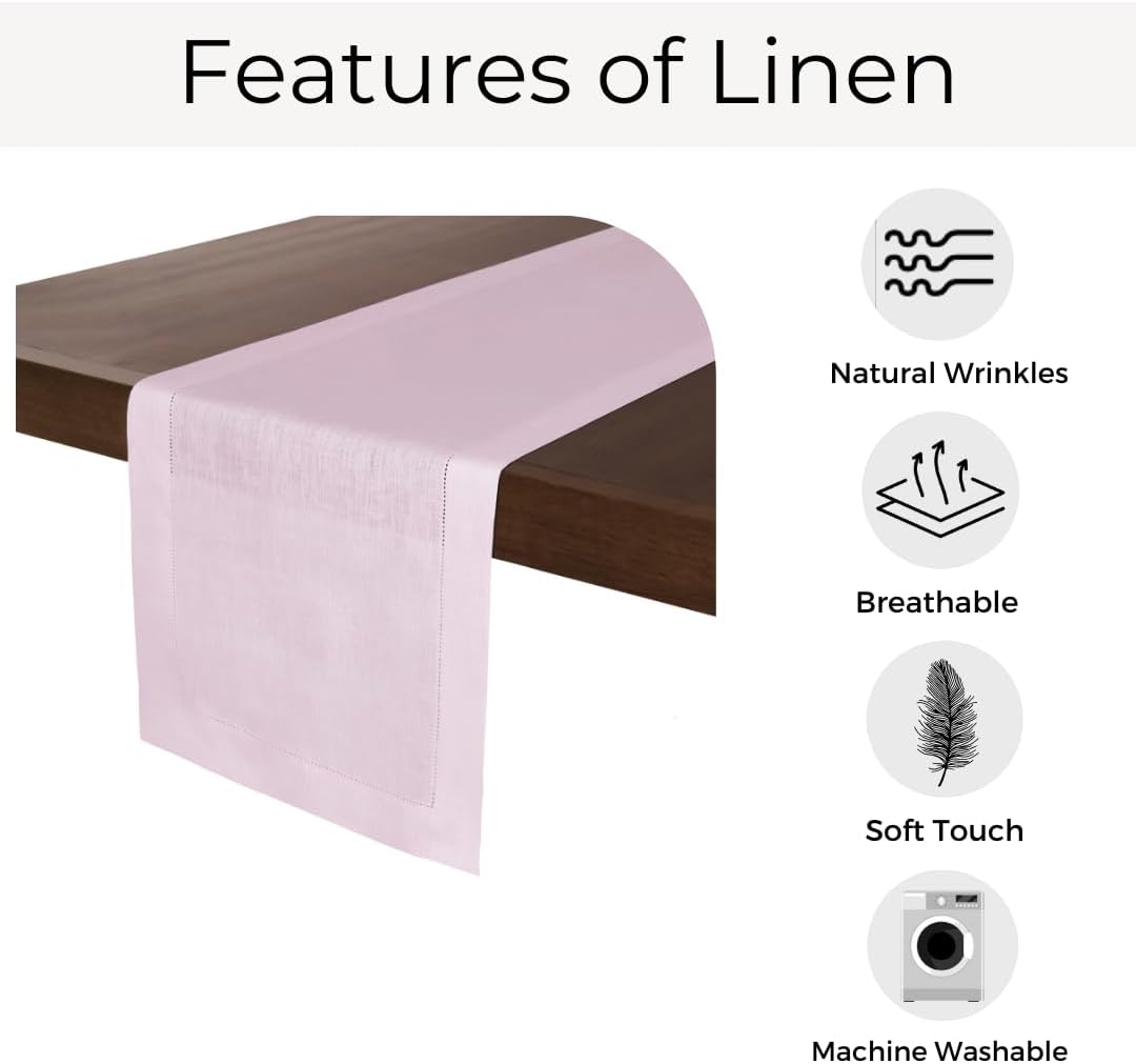 D'Moksha Homes Linen Pastel Pink Table Runner 48 Inches - Classic Hemstitch, 100% Pure Linen Coffee Table Runner 14 x 48 Inch Ideal for Dresser Tables - Fall, Autumn and Halloween