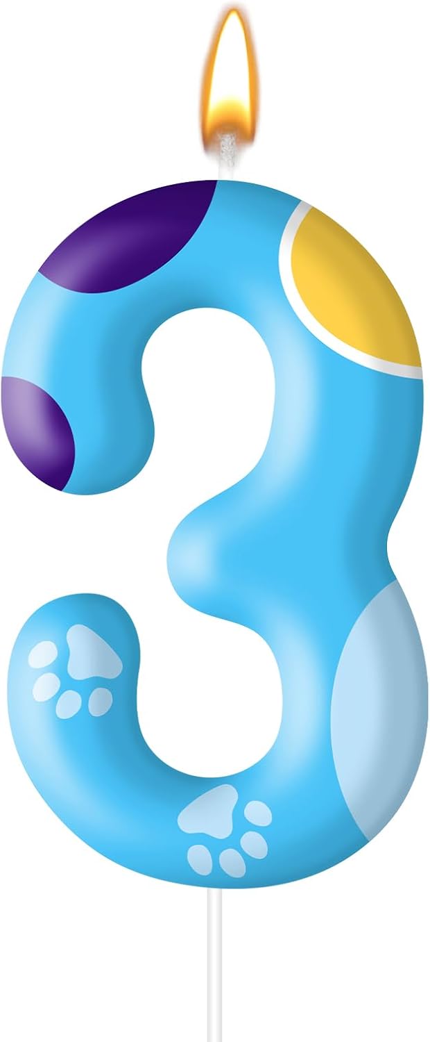 Blue Dog Paw Birthday Candles Cake Topper Numeral Birthday Candles for Boy Girl Dog Paw Decoration(Number 3)