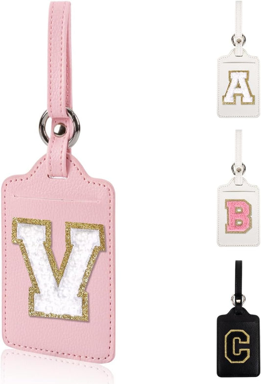Personalized Initial Luggage Tags for Suitcases, Leather Chenille Letter Cute Luggage Tags with Privacy Name Card, Embroidered Travel Bag Backpack Tags Gifts for Women Kids Girls Teens(Pink-V)