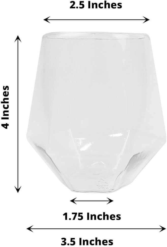 Efavormart 12 Pack | Diamond Shaped 12oz Plastic Stemless Wine Glasses, Clear Disposable Shatterproof Whiskey Cups for Parties, Weddings, Picnics, Catered Events