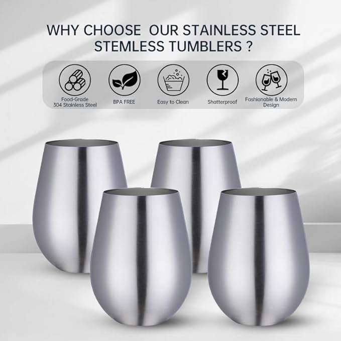 Buyer Star 304 Stainless Steel Wine Glasses Set of 4 - Large 17 oz Outdoor Stemless Wine Tumblers - 100% Unbreakable & Stemless Metal Drinking Cups for Home and Outdoors Dishwasher safe (Silver)