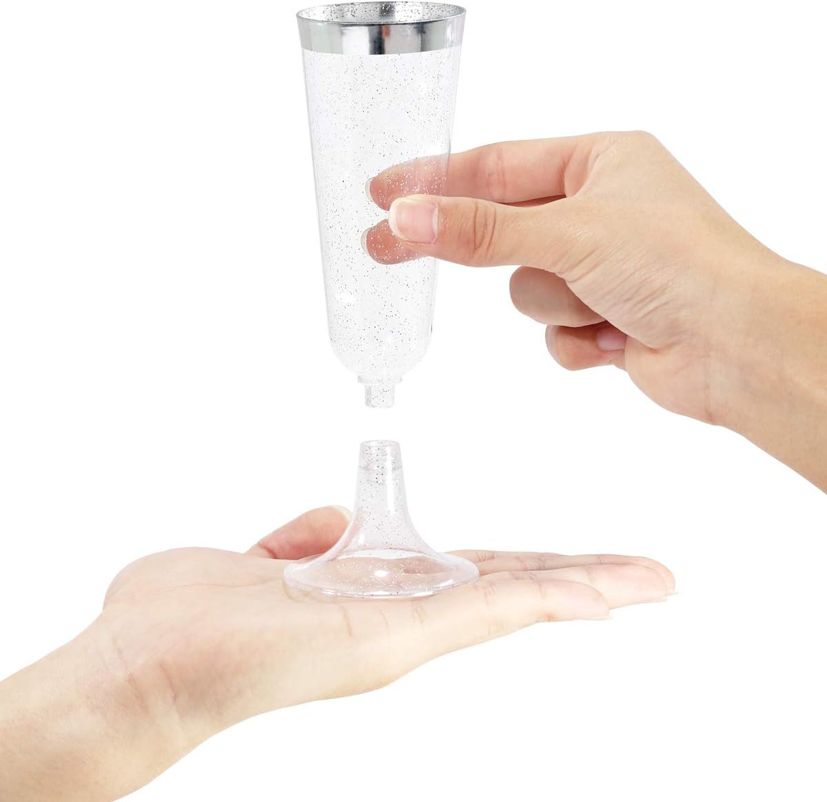WDF 36Pieces Silver Plastic Champagne Flutes - 6oz Silver Glitter with a silver Rim Champagne Glasses - Premium Silver Plastic Cups Perfect for Party/Wedding