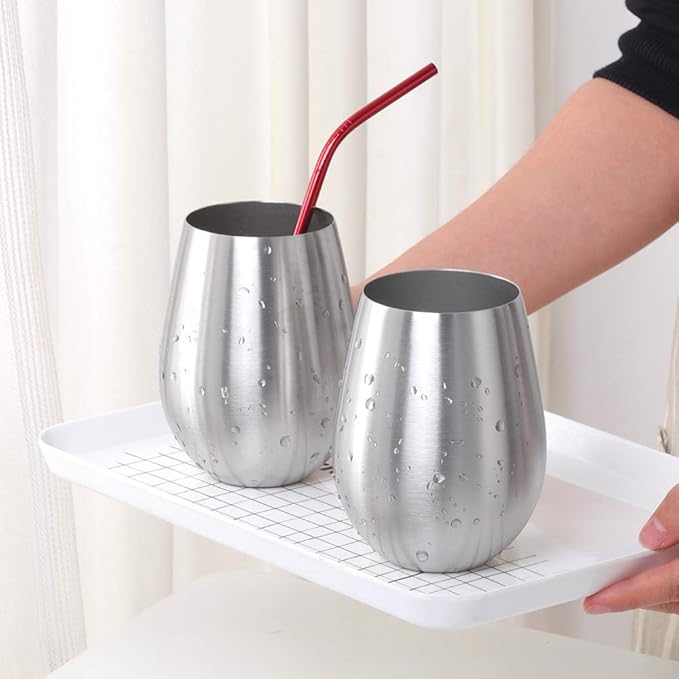 Buyer Star 304 Stainless Steel Wine Glasses Set of 4 - Large 17 oz Outdoor Stemless Wine Tumblers - 100% Unbreakable & Stemless Metal Drinking Cups for Home and Outdoors Dishwasher safe (Silver)
