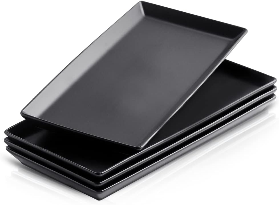 Ceramic Serving Tray, 14 Inches Large Serving Platter, Rectangular Serving Tray, Porcelain Serving Plates, Ceramic Serving Dishes for Dinner, Party, Sushi, Dessert, Food, Set of 4 (Matte Black)