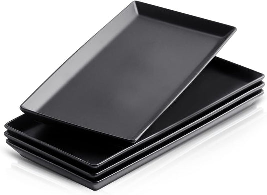 Ceramic Serving Tray, 14 Inches Large Serving Platter, Rectangular Serving Tray, Porcelain Serving Plates, Ceramic Serving Dishes for Dinner, Party, Sushi, Dessert, Food, Set of 4 (Matte Black)