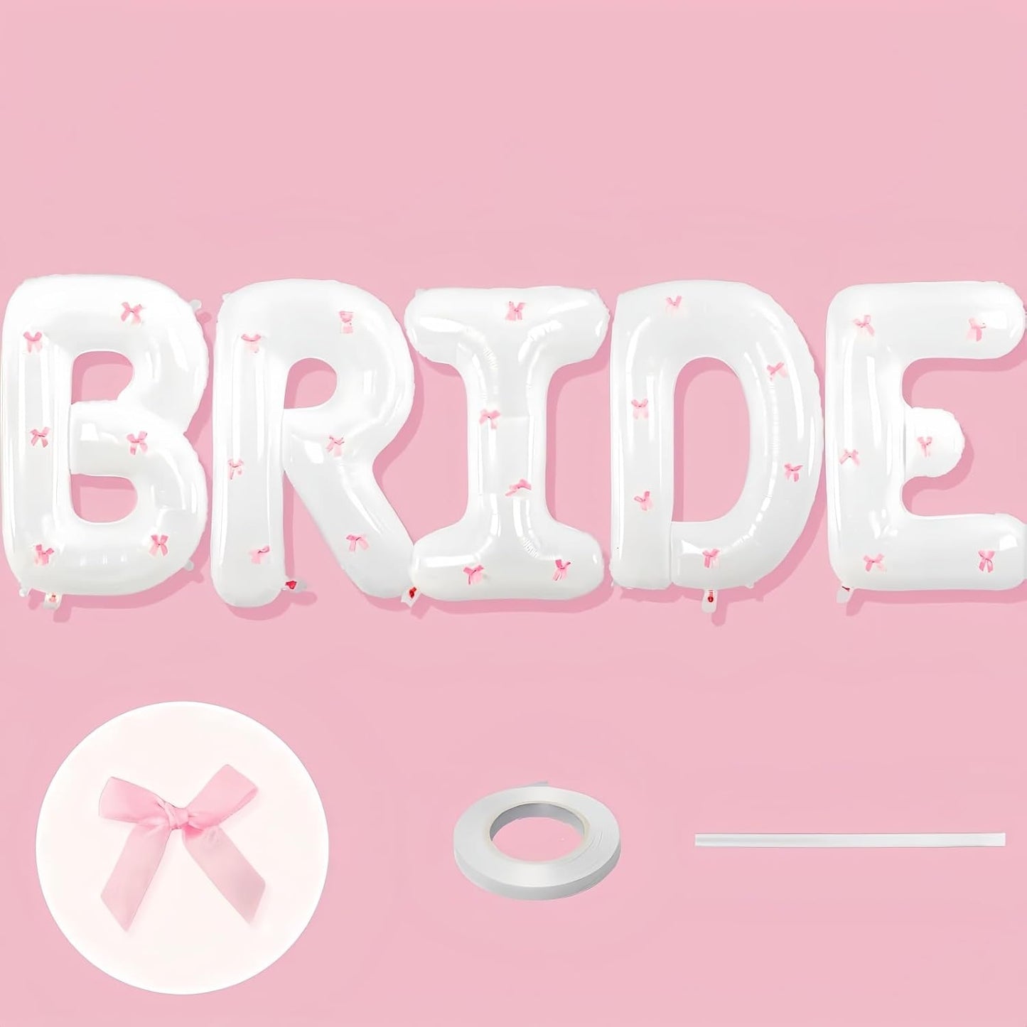 40Inch White BRIDE Balloon + Pink Bows for Bachelorette Party Decorations, Large BRIDE Mylar Foil Letter Balloons, Bride To Be Banner for Bridal Shower Photo Booth Engagement Wedding Hen Party Decor