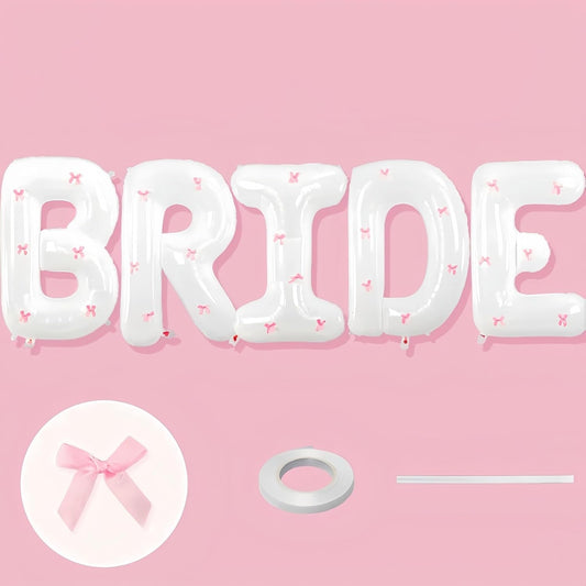 40Inch White BRIDE Balloon + Pink Bows for Bachelorette Party Decorations, Large BRIDE Mylar Foil Letter Balloons, Bride To Be Banner for Bridal Shower Photo Booth Engagement Wedding Hen Party Decor