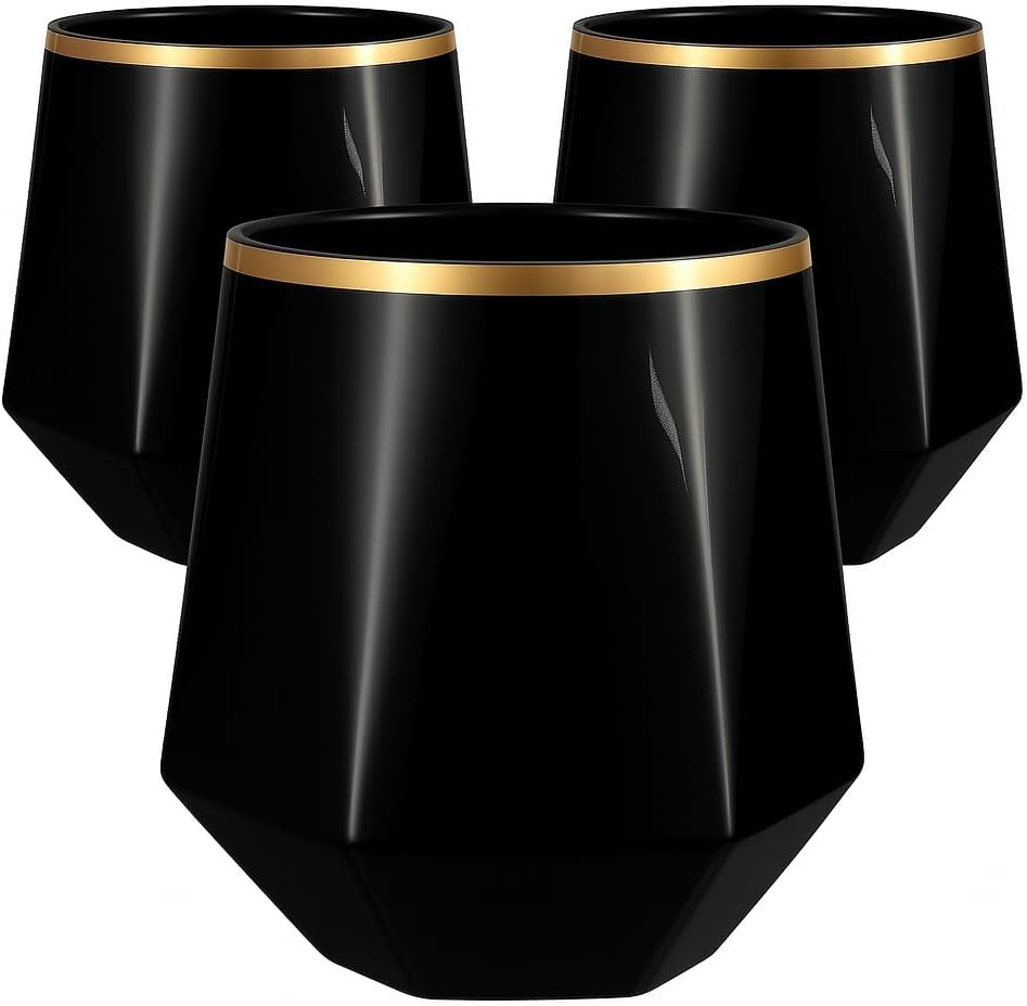 40 count Diamond Unbreakable Stemless Plastic Wine Champagne Whiskey Glasses Elegant Durable Disposable Indoor Outdoor Ideal for Home, Office, Bars, Wedding, 12 Ounce Cups (Diamond Black Matte Gold)