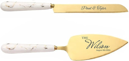 Custom Wedding Cake Knife and Server Set Gold - Personalized Engraved Stainless Steel Cake Pie Pastry Servers Cutting Set with Marble Pattern, Elegant Gift for Wedding Anniversary Birthday Christmas