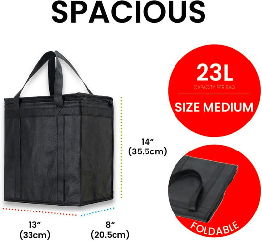 Medium Insulated Cooler Bag and Food Warmer for Delivery & Grocery Shopping with Zippered Top, Black (1 Pack)