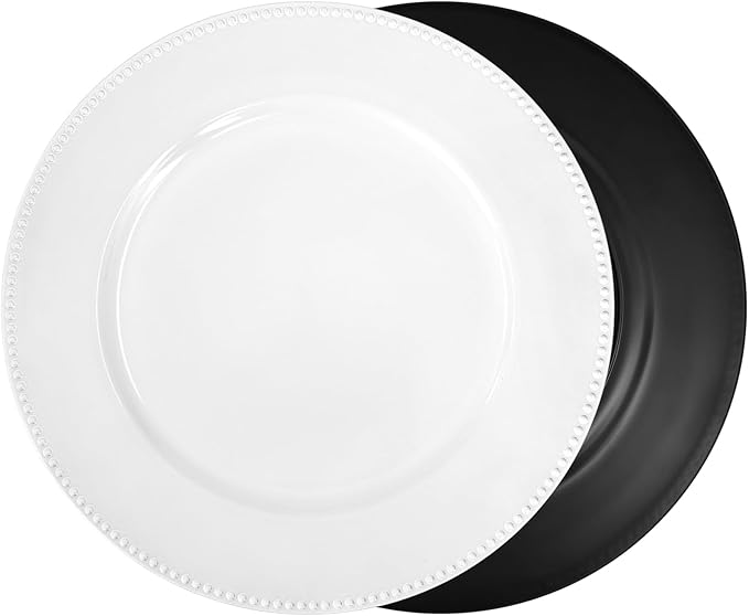 50 White Dinner Plates, 13" Round Beaded Decorative Chargers for Wedding, Holiday, Baby Shower Events (White)