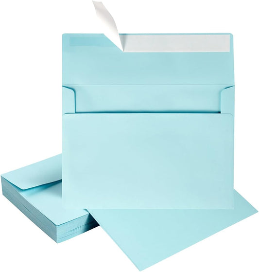50 Pack 5 x 7 Envelopes Colored Self Seal for Wedding, Party Invitations, Greeting Cards, Announcements, Photos, 5.24 x 7.21 Inches (Light Blue)