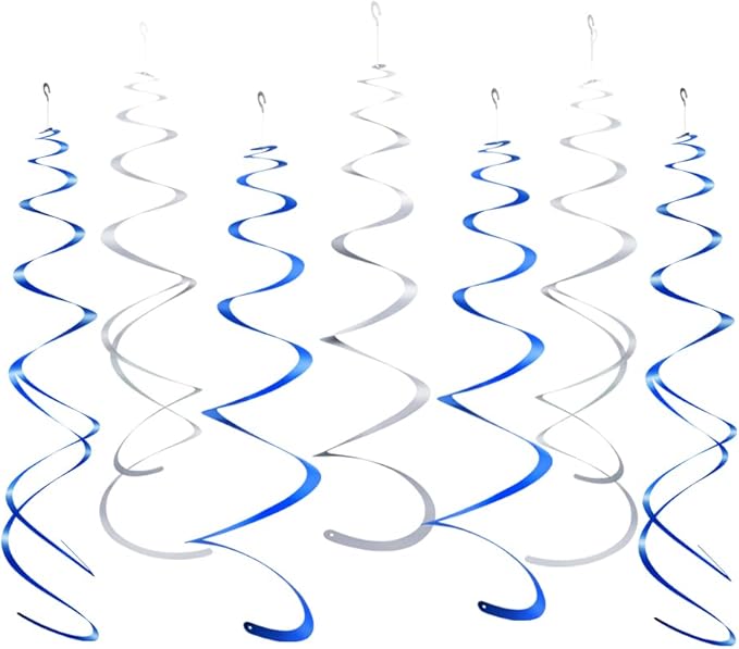 MOWO Silver and Royal Blue Foil Swirl Hanging Decoration for Birthday Graduation Winter New Year Party Supplies,Pack of 20