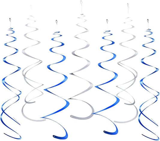 MOWO Silver and Royal Blue Foil Swirl Hanging Decoration for Birthday Graduation Winter New Year Party Supplies,Pack of 20