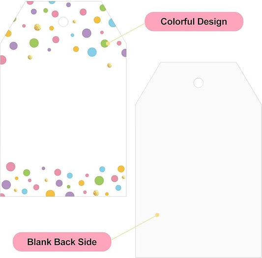 Anwyll Gift Tags with String - 100Pcs Colorful Confetti Polka Dot Gift Bag Tags Personalized White Blank Hanging Paper Label Tag for Birthday Party Bridal Shower Wedding Spring Easter Favors Present
