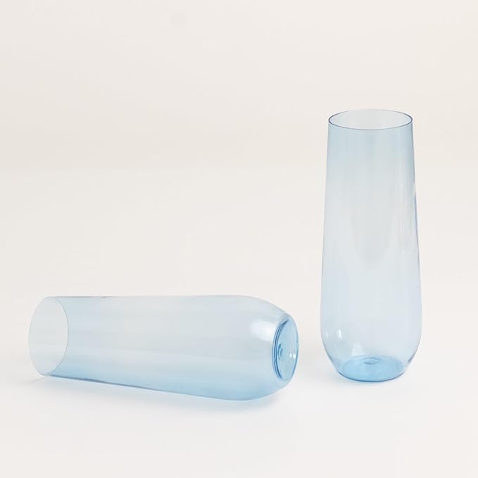 Efavormart 12 Pack Plastic Champagne Flutes in Transparent Blue, Reusable Lightweight Champagne Glass 9oz