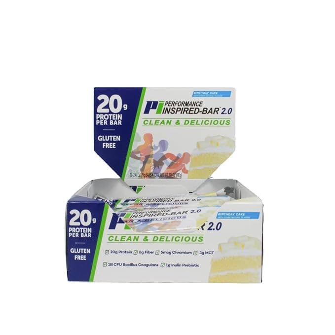 Performance Inspired Nutrition Protein Bar 2.0 – 20G Protein, 6G Fiber, 3G MCTs, 1 Billion CFU Probiotics – Gluten-Free – Birthday Cake Flavor – 12 Count