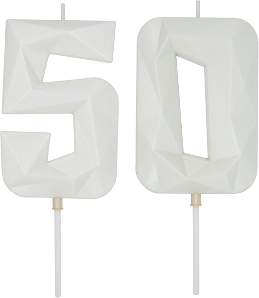 DERVENTA Large Birthday Candle Number 3D White 3.7 inch Party Celebration Anniversary Decoration Cake Topper 1 Piece (Number 50 White)