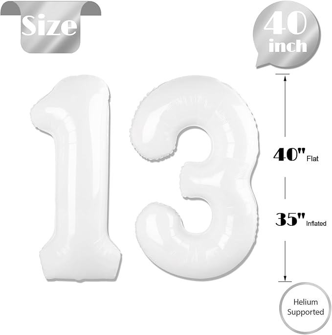 White Number 13 Balloon 40 inch, 13 Number Balloons, 13th White Birthday Decorations for Girls Boys 13 Year Old Party Supplies