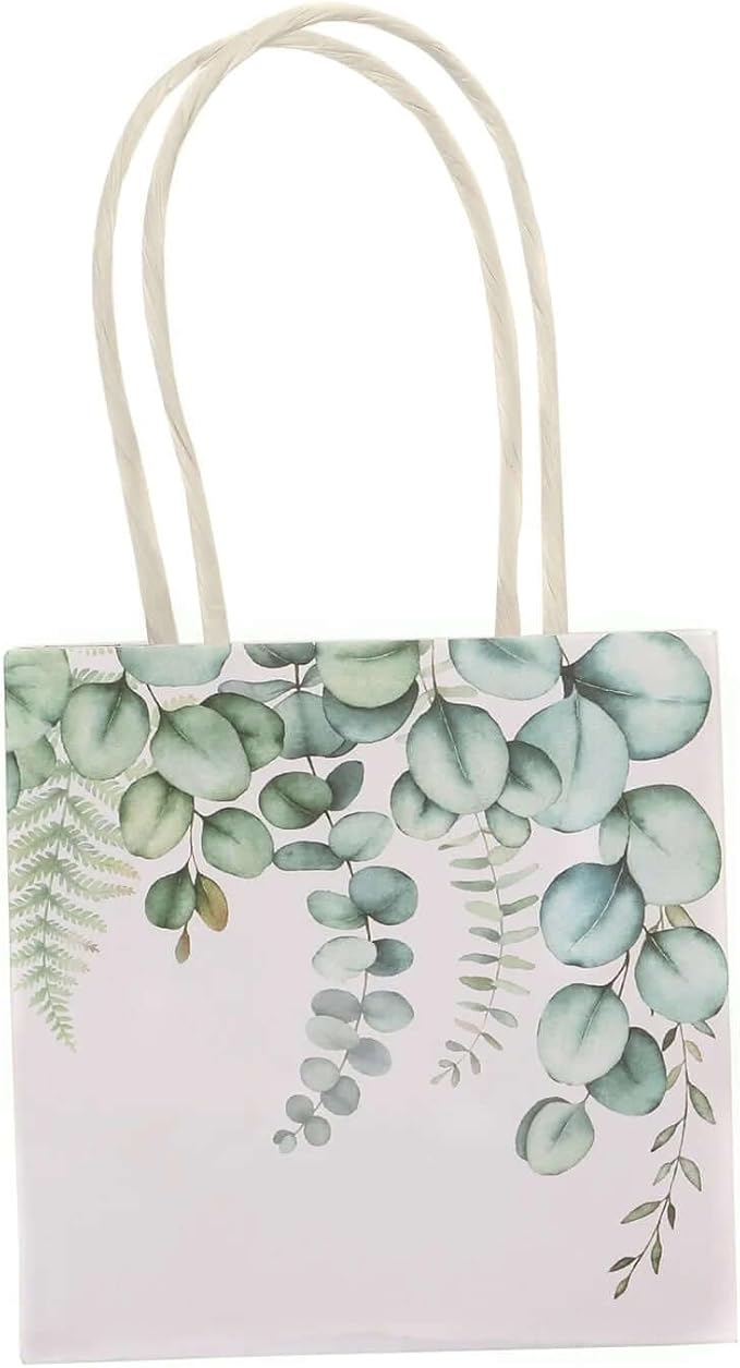 Efavormart 12 Pack 4"x4" Green Eucalyptus Paper Gift Bags with Handles - Small Botanical Favor Goodie Bags for Boho Wedding and Baby Shower