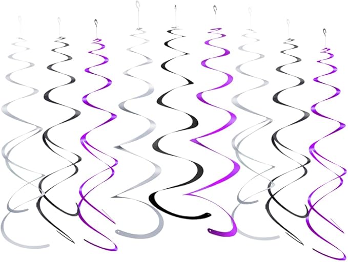 MOWO Purple Black and Silver Foil Swirl Hanging Decoration Streamer for Birthday Graduation Wedding Party Supplies, Pack of 21