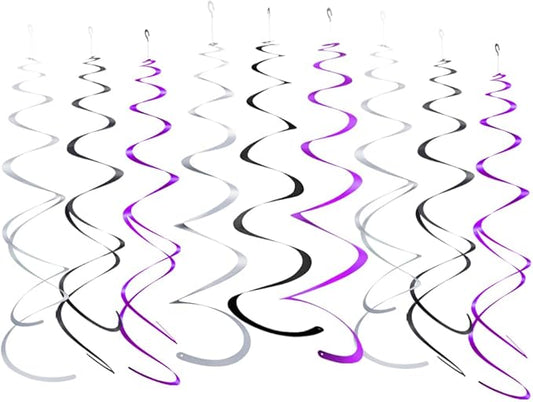 MOWO Purple Black and Silver Foil Swirl Hanging Decoration Streamer for Birthday Graduation Wedding Party Supplies, Pack of 21