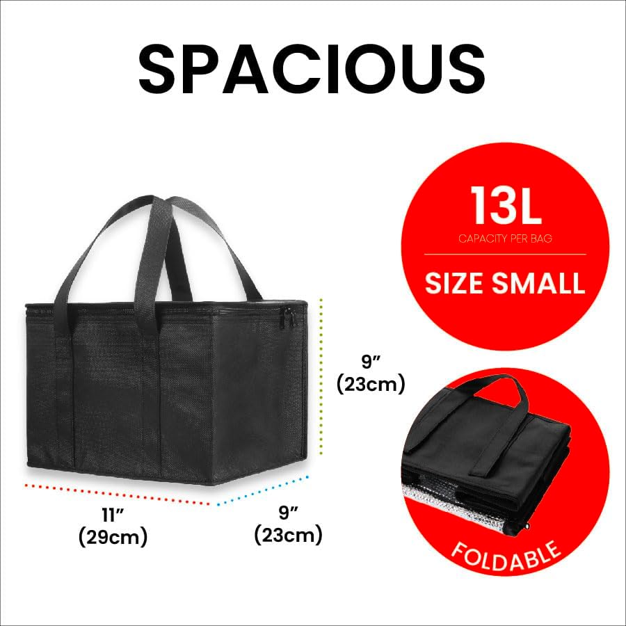 Small Insulated Cooler Bag and Food Warmer for Delivery & Grocery Shopping with Zippered Top, Black (1 Pack)