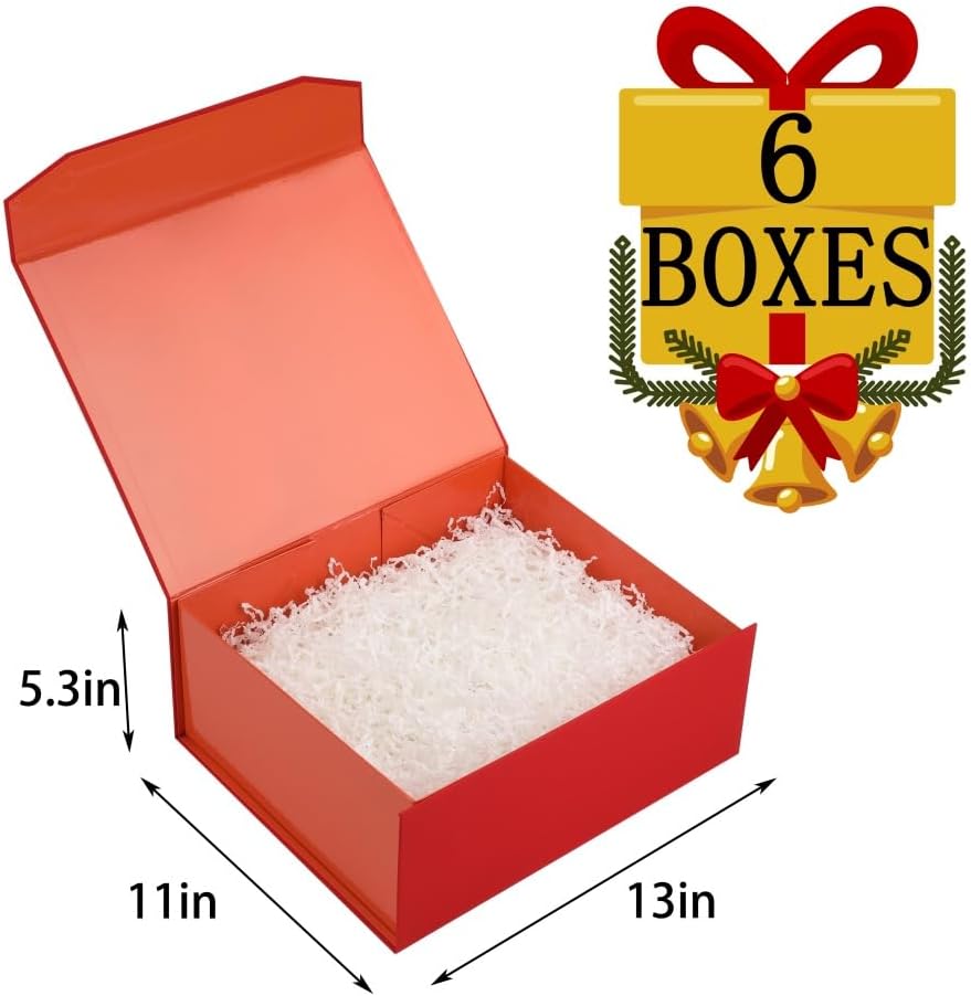 6 Pcs Red Gift Box Large 13x11x5.3 Inch Large Black Gift Box Large Magnetic Gift Box with Crinkle Paper Red Large Gift Box with Shredded Paper Luxury Gift Boxes with Lids for Presents