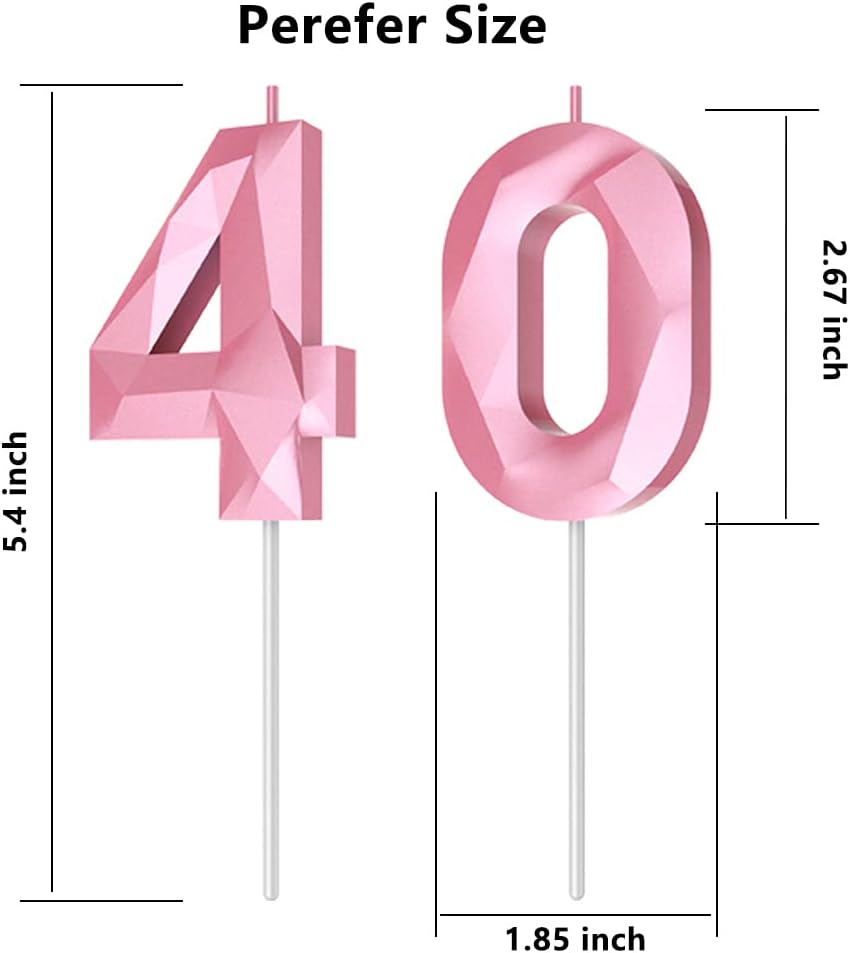 Number Birthday Candles(40 Candle Pink) 3D Diamond Shape 40th Happy Birthday Cake Topper Decorations for Women Men Birthday Wedding Anniversary Celebration Theme Party Supplies