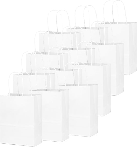 qiqee 200-Packs White Paper Gift Bags with Handles Bulk 8.3"x6"x3.15" Small Size Paper Bags Multiple Uses