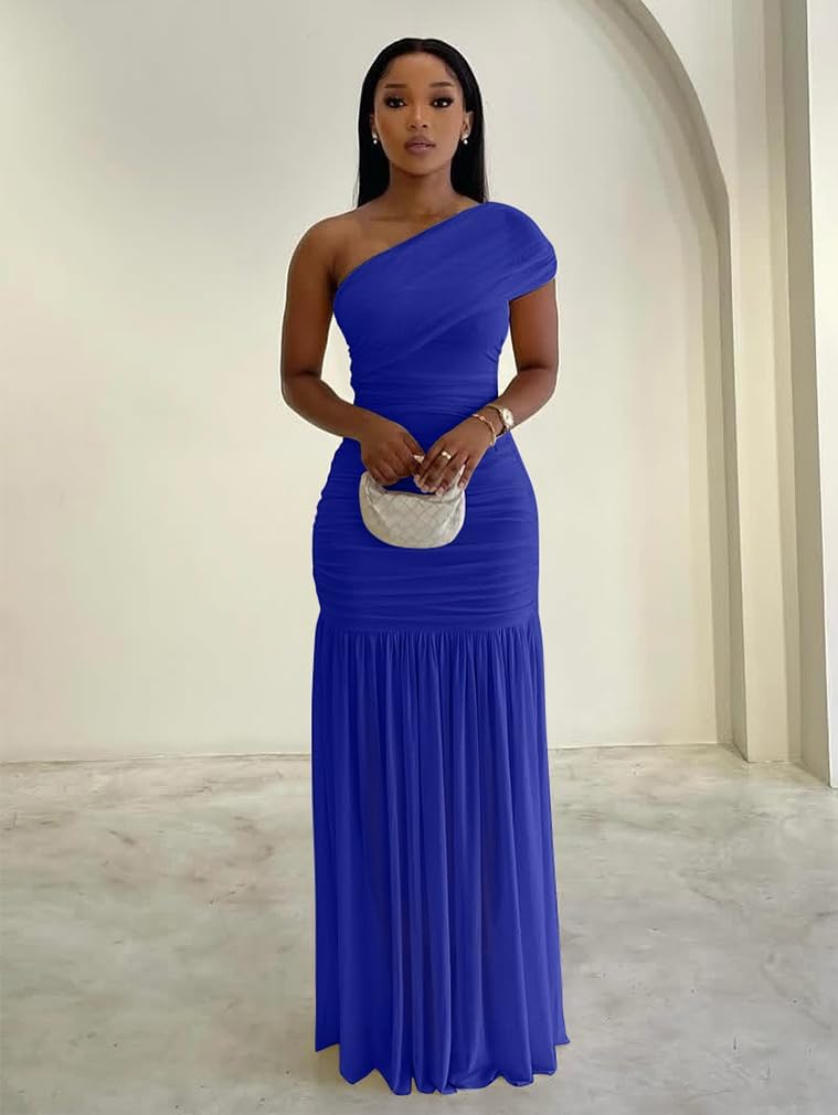 LAGSHIAN Women's Elegant Formal Long Dress One Shoulder Sleeveless Ruched Bodycon Evening Dress
