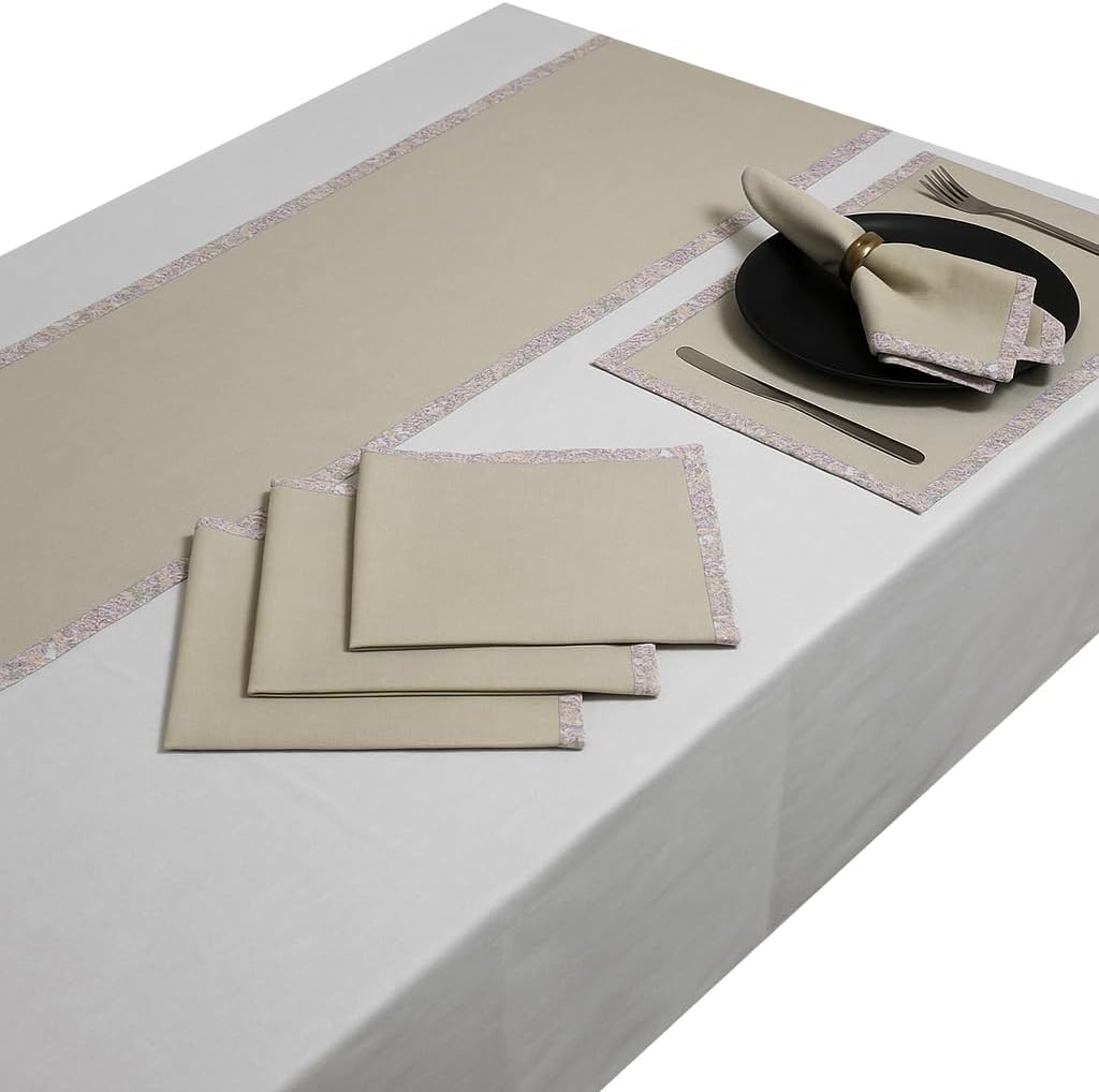 Indtresor Indian Heritage Fabric Cotton Table Linen Reversible Set Runner Napkins Mats in Pink Beige
