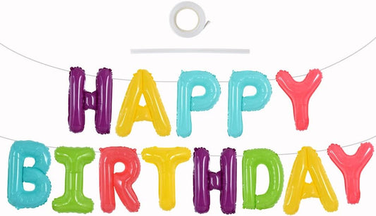 TONIFUL Coloful Macaron Rainbow Happy Birthday Balloons Banner with Ribbon Straw, 16 Inch Mylar Foil Letters Birthday Sign Bunting Reusable for Girls Boys Kids & Adults Birthday