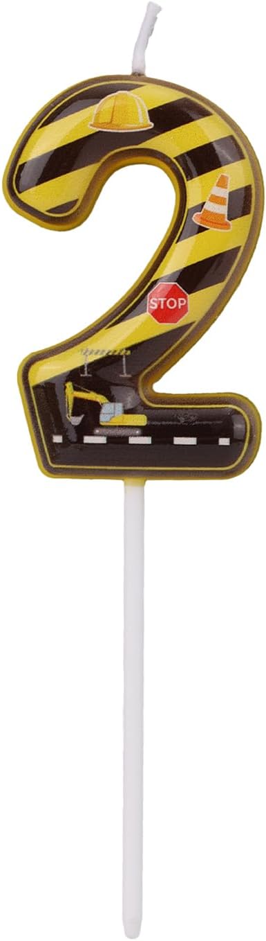 Construction Birthday Number Candles, Yellow & Black Striped Cake Topper Building Theme Party Decorations for Graduation Anniversary Celebration (Number 2)