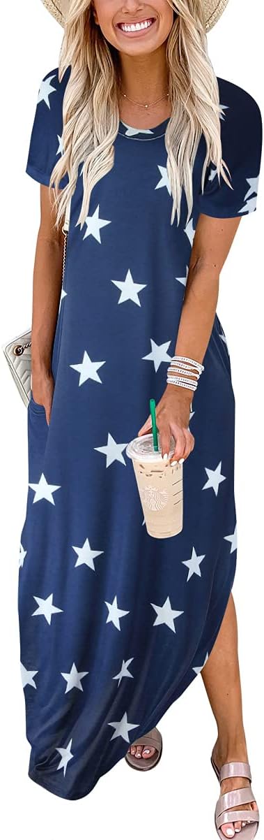 ANRABESS Womens Summer Maxi Dress Short Sleeve Casual Loose Long T Shirt Dresses Split Vacation Beach Sundress Travel Outfits