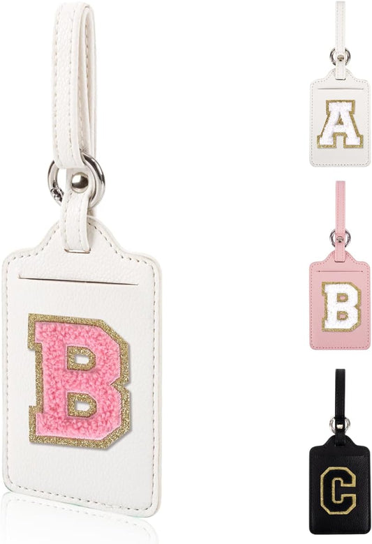 Personalized Initial Luggage Tags for Suitcases, Leather Chenille Letter Cute Luggage Tags with Privacy Name Card, Embroidered Travel Bag Backpack Tags Gifts for Women Kids Girls Teens(White-B)