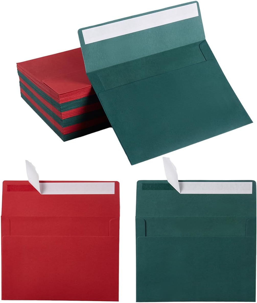 50 Pack 5 x 7 Envelopes Colored Self Seal for Wedding, Party Invitations, Greeting Cards, Announcements, Photos, 5.24 x 7.21 Inches (Christmas Green/Red)