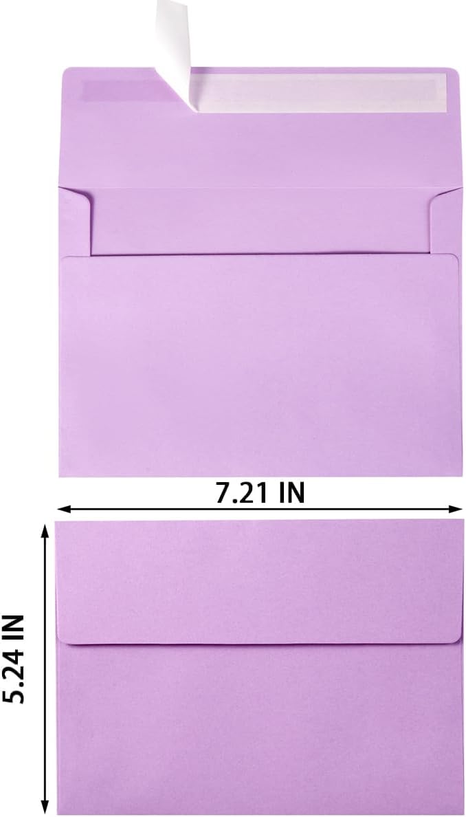 50 Pack 5 x 7 Envelopes Colored Self Seal for Wedding, Party Invitations, Greeting Cards, Announcements, Photos, 5.24 x 7.21 Inches (Light Purple)