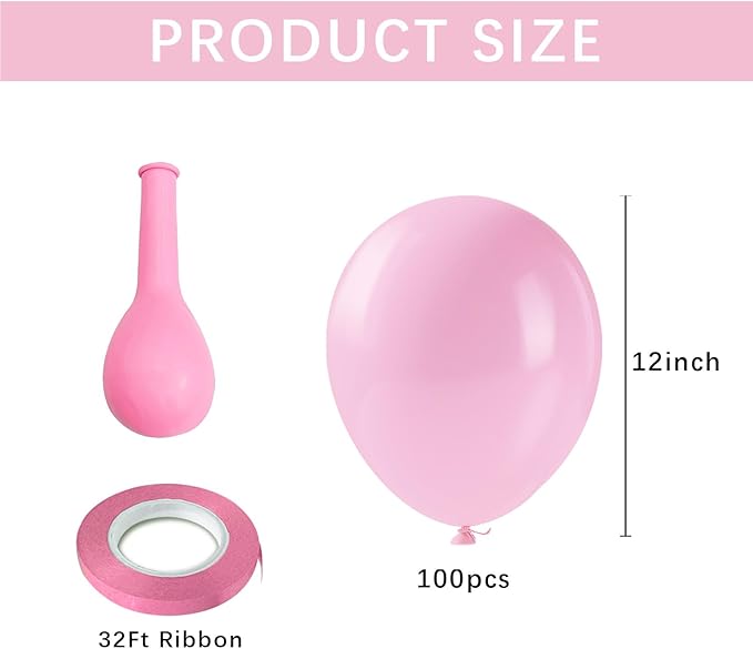 Pink Balloons Birthday Decorations, 100pcs Latex Balloon Arch Kit for Valentines Day Decorations, Princess Birthday Decorations, Bachelorette Party Favors, Gender Reveal Party Supplies