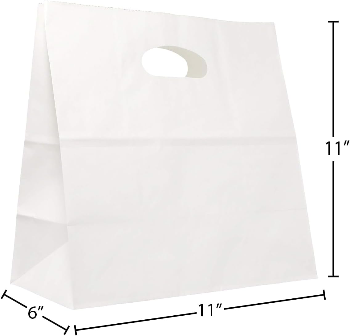 PTP BAGS White 11" x 6" x 11" Die Cut Tote Bags [Pack of 500] Kraft Paper Gift, Food Service Bags